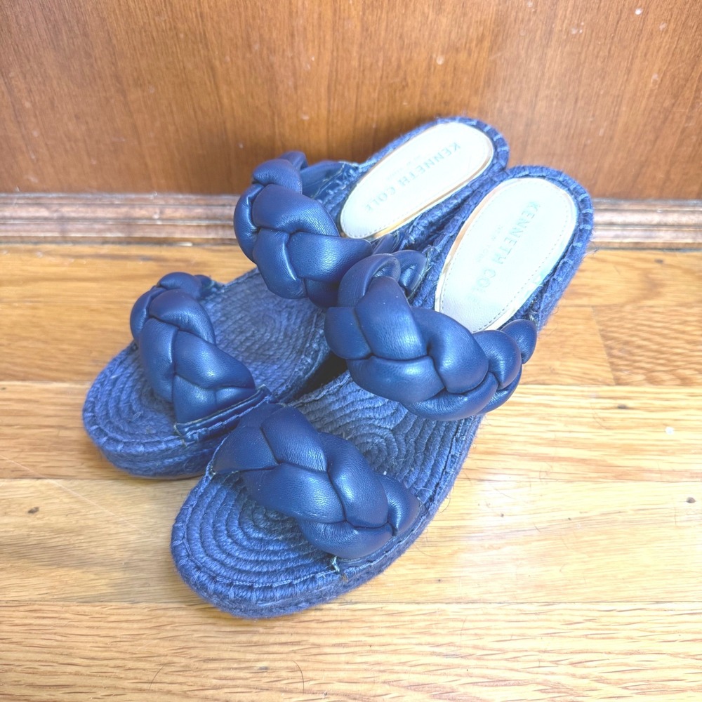 Kenneth Cole Olivia Braid Navy Blue Espadrille Wedge Sandals Womens Size 7M